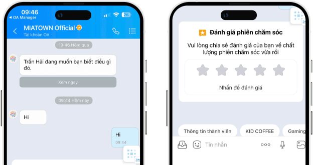Chat MIATOWN Official và màn hình đánh giá phiên chăm sóc